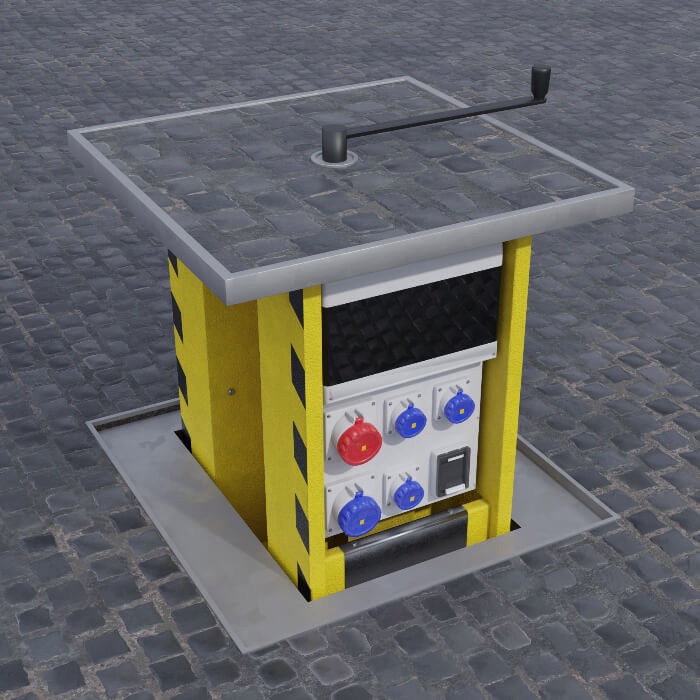 Pop Up Power SuppImage of an in-ground unt with the hinged lid closed